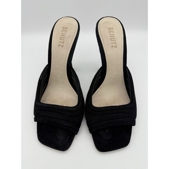 Schutz Sandal 4" Heels Womens 8B Black Stiletto Slip On Wedding Square Toe - Picture 2 of 7